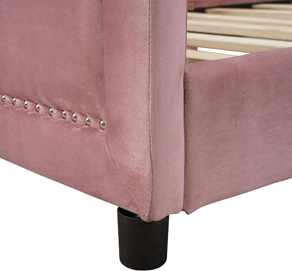 Favfurish Twin Size Upholstered Daybed with Classic Stripe Shaped Headboard,Durable Wooden Platform Bed Frame,No Box Spring Needed,for Kids Teens Adults,Bedroom Guestroom Dorm,Pink