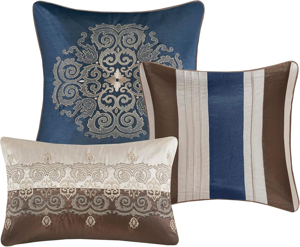 Madison Park Comforter Faux Silk-Traditional Luxurious Jacquard Design All Season Set, Matching Bed Skirt, Decorative Pillows, Queen(90'x90'), Navy 7 Piece