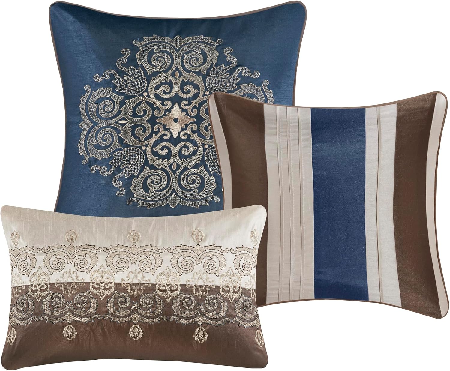 Madison Park Comforter Faux Silk-Traditional Luxurious Jacquard Design All Season Set, Matching Bed Skirt, Decorative Pillows, Queen(90'x90'), Navy 7 Piece