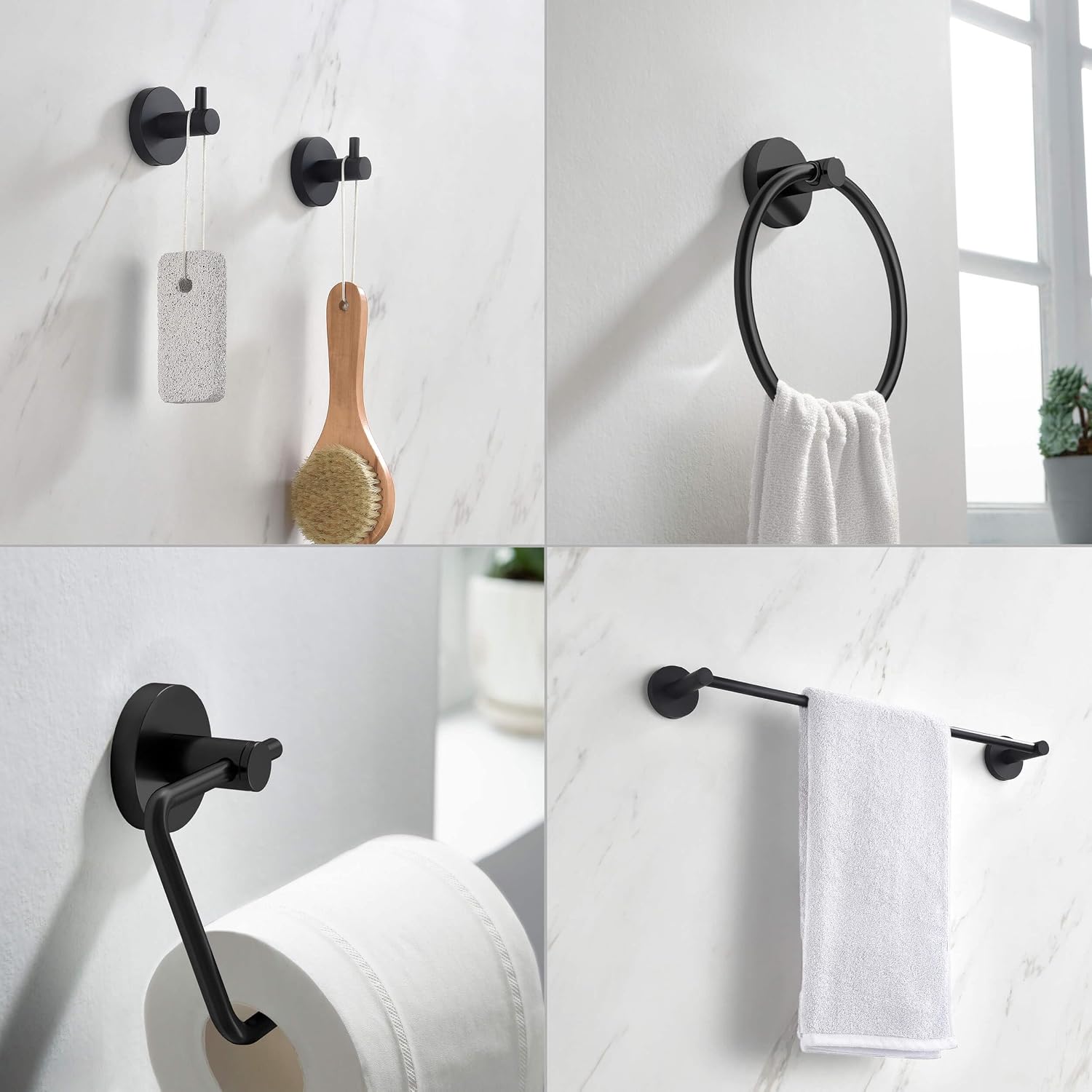 KIBI Circular Bathroom Hardware Set 5 Piece Bathroom Accessories Set | Towel Bar (18'), Towel Ring, Toilet Paper Holder, Robe Hooks (Matte Black) (C-KBA14-5-4)