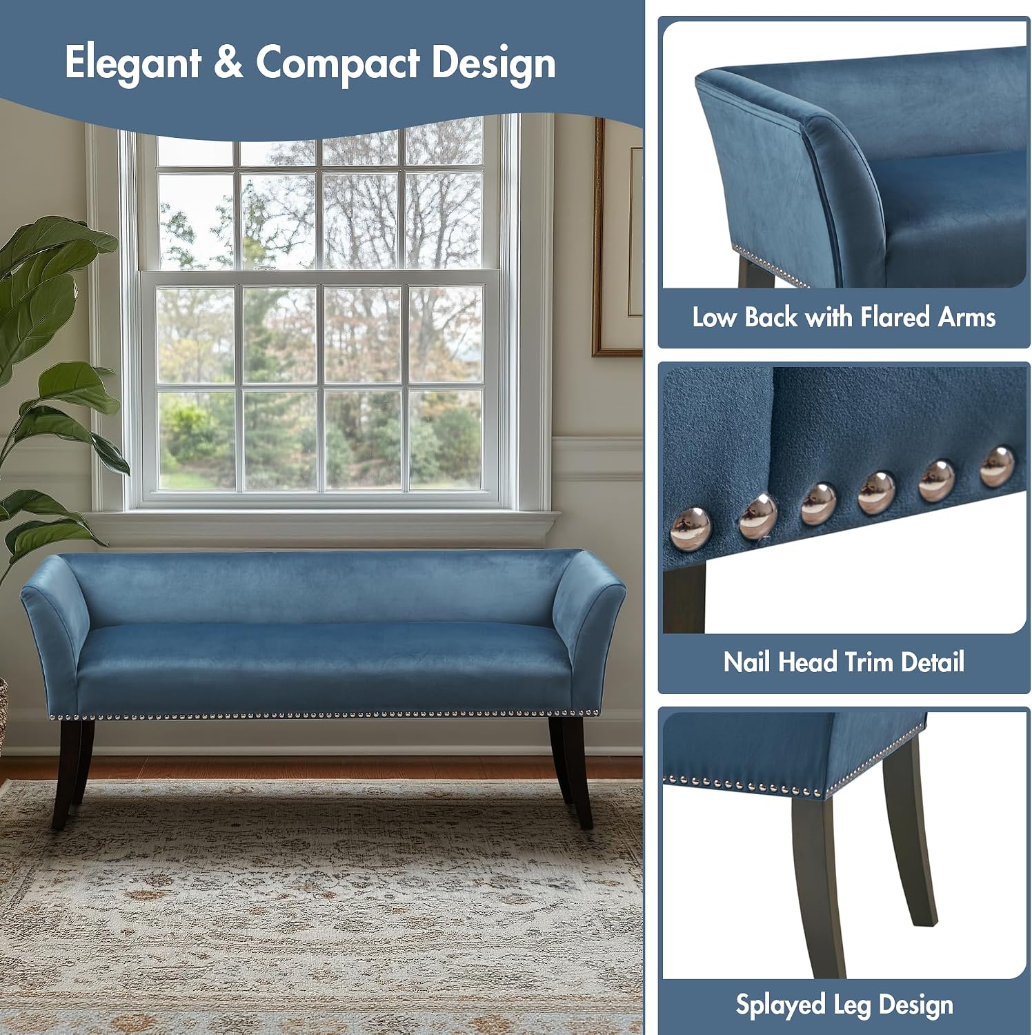 Madison Park Accent Bench, Upholstered with Nailhead Trim, & Padded Seat Entryway Bench Small, End of Bed Bench with Back, 49.5' W x 19.25' D x 23' H, Blue
