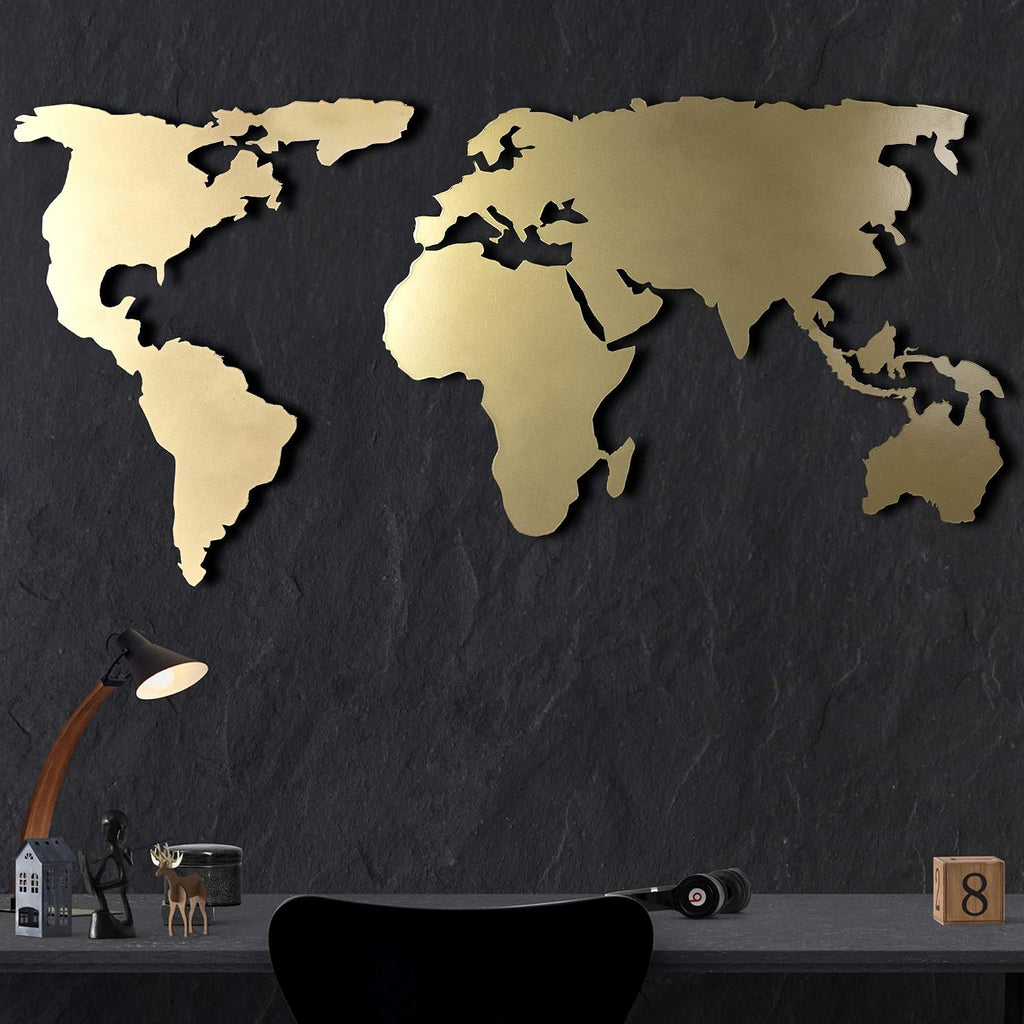 World Map Wall Art, 100% Metal World Map 2D, Sculpture, Large and Wide - Size (23.6' x 47.2') - Wall Hanging for Living Room, Bedroom, Dorm (Gold)