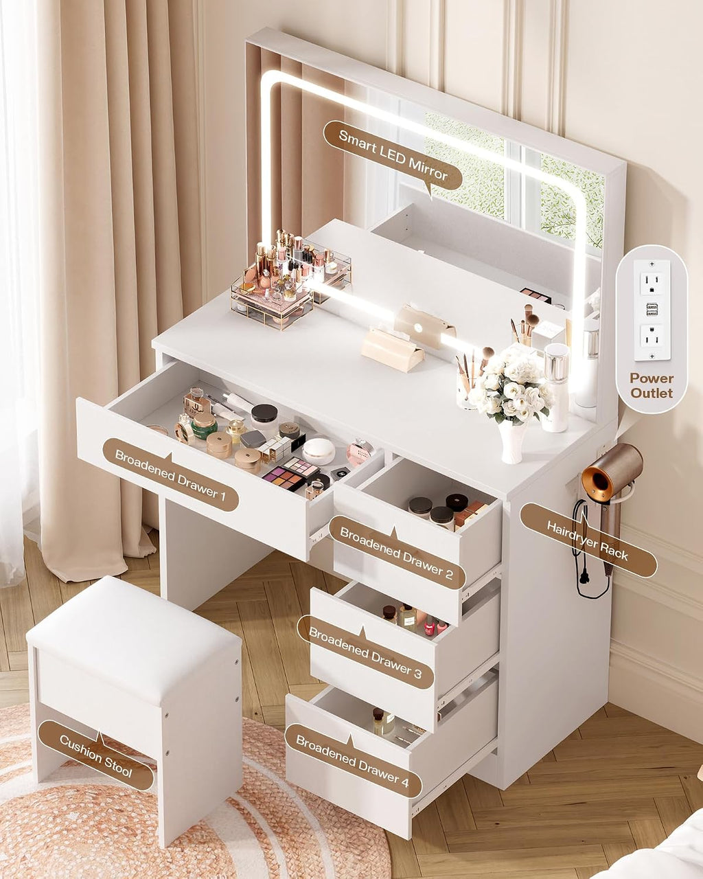 LIVELYGLOW Makeup Vanity Desk with Charging Station & LED Mirror – 35.4' Vanity Set with 4 Drawers, 3 Lighting Modes – Modern Bedroom Furniture (15.7' D x 35.4' W x 53.9' H), White