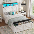 DICTAC Twin Size Bed Frame with Storage Headboard,Charging Station and LED Lights Farmhouse Metal Twin Bed Frame with Storage Ottoman,Platform Bed for Kids/Teen with Tall Headboard,Antique White