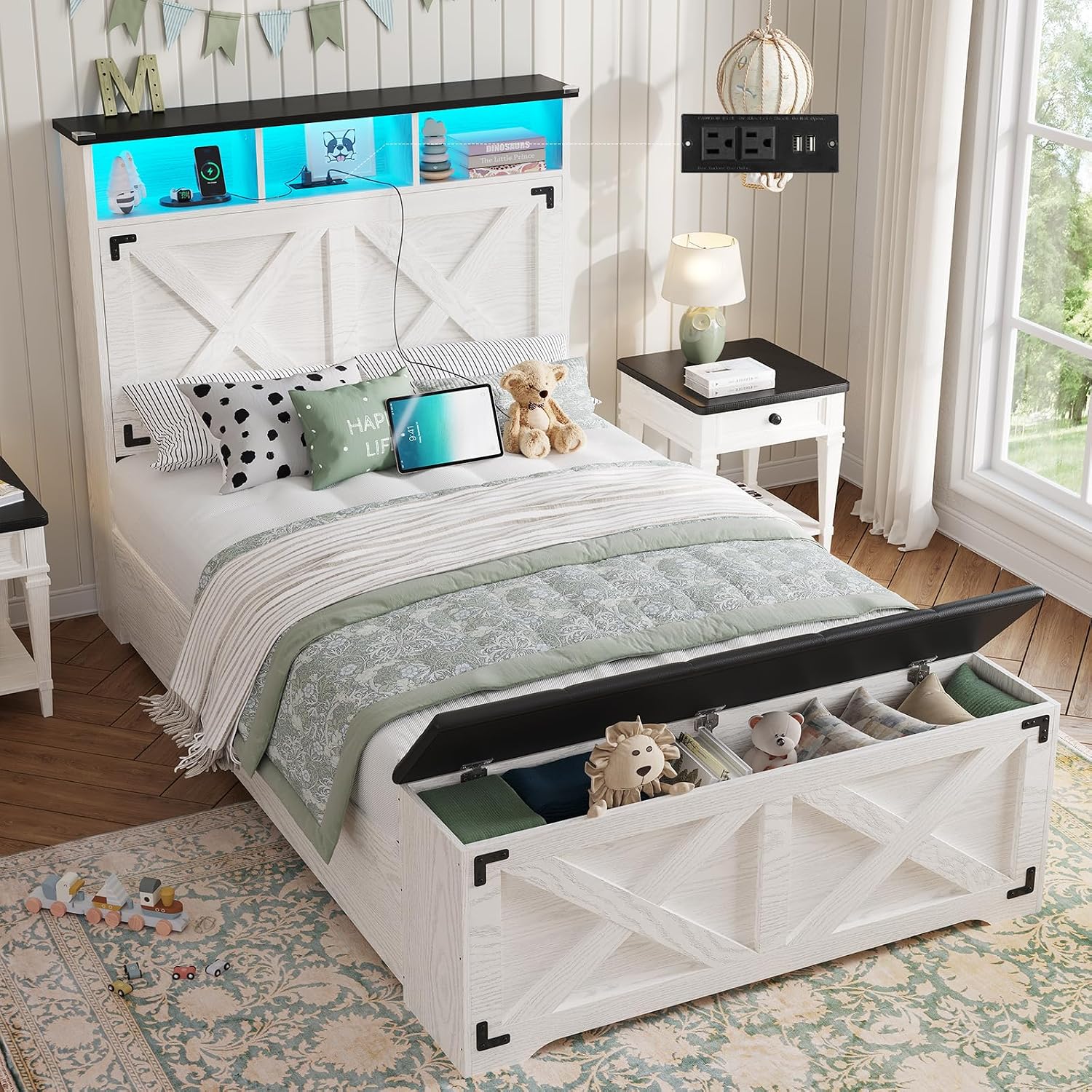 DICTAC Twin Size Bed Frame with Storage Headboard,Charging Station and LED Lights Farmhouse Metal Twin Bed Frame with Storage Ottoman,Platform Bed for Kids/Teen with Tall Headboard,Antique White