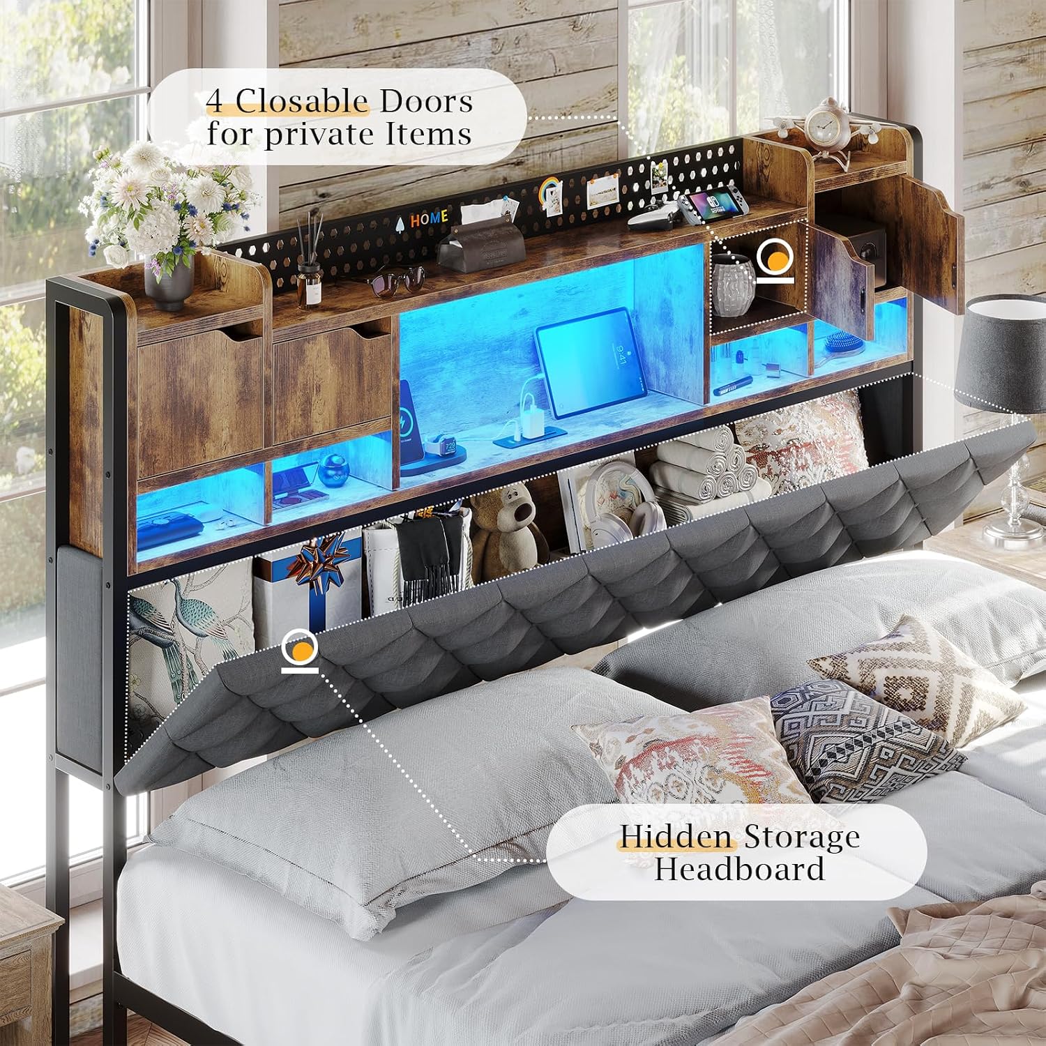 BYSAUD King Size Bed Frame, King Bed Frame with Storage Headboard, Upholstered Platform Bed Frame with LED Lights and Charging Station, Noise Free, Heavy Duty Metal Slats, Easy Assembly, Gray
