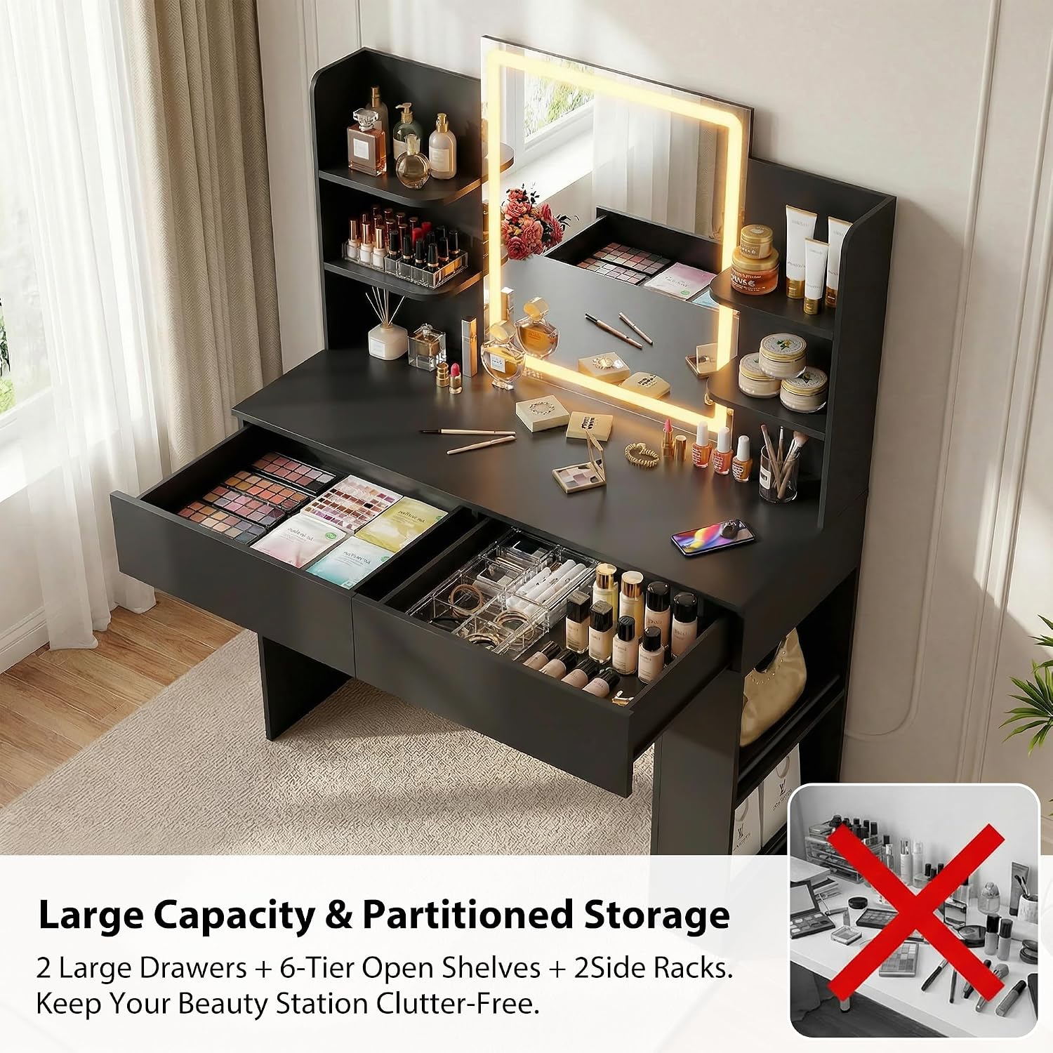 Furmax Vanity Desk with Mirror and LED Lights, Makeup Vanity Table with 3 Lighting Color, Adjustable Brightness, Vanity Table with 2 Drawers, Side Storage, for Bedroom (Black, No Bench)