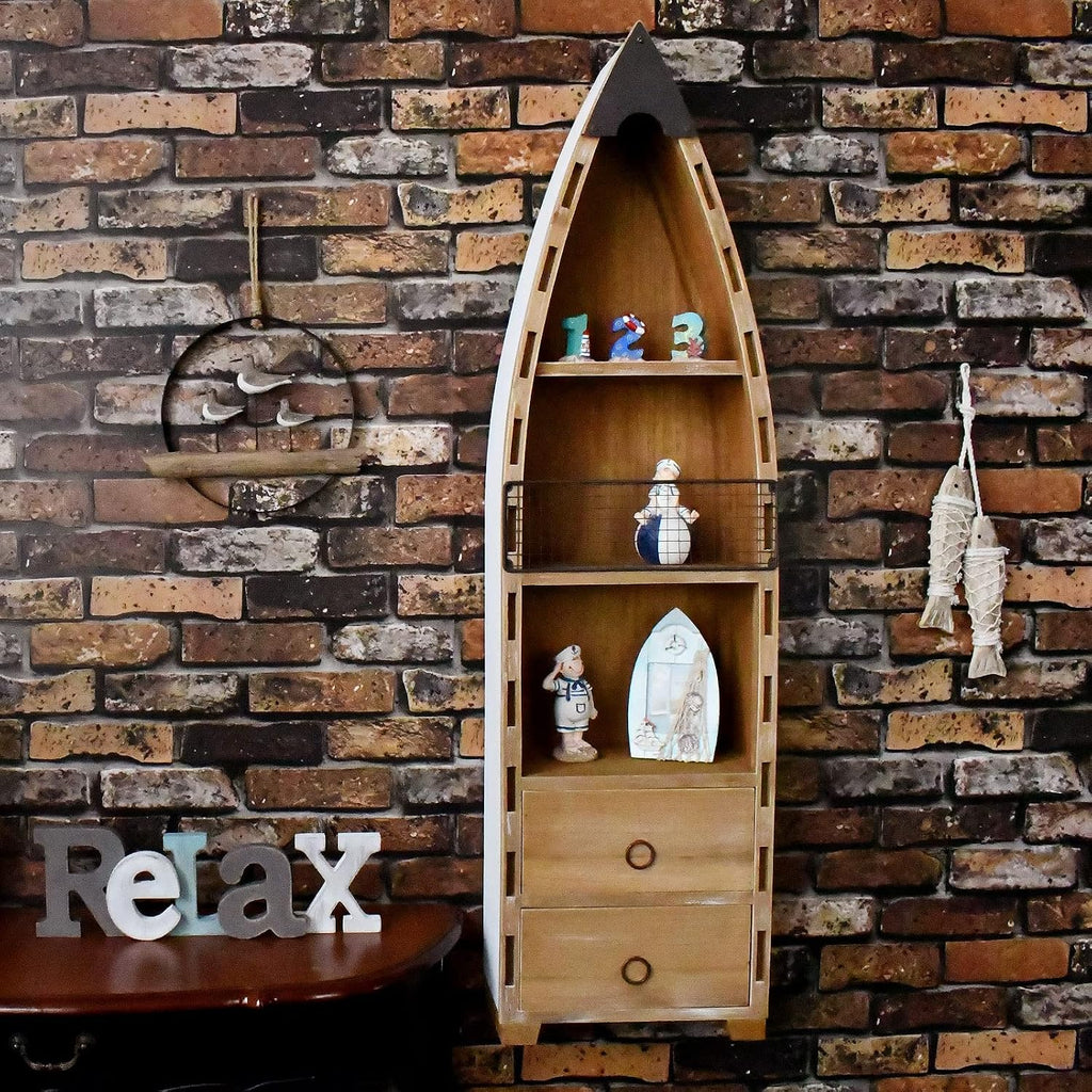 Morning View Wood Boat Cabinet, Rustic Nautical Decor, 2 Shelves & 2 Drawers, 45.3 Inch