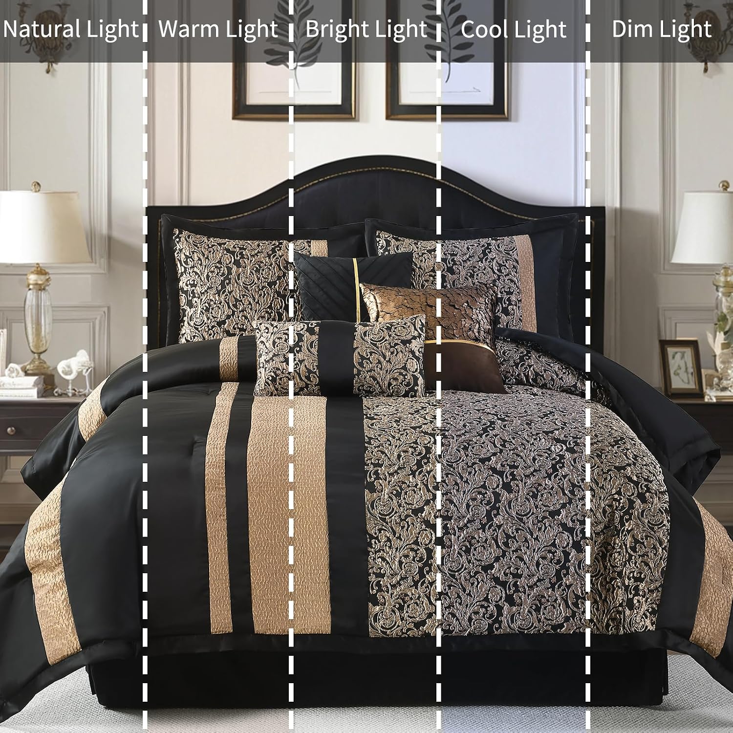 Bedduvit Luxury 7 Piece Queen Comforter Set - Vintage Elegant Floral Jacquard Black and Gold Bed in Bag, Chic Stripe Botanical Patchwork Thick Bedding Set with Bed Skirt, Decorative Pillows, Shams