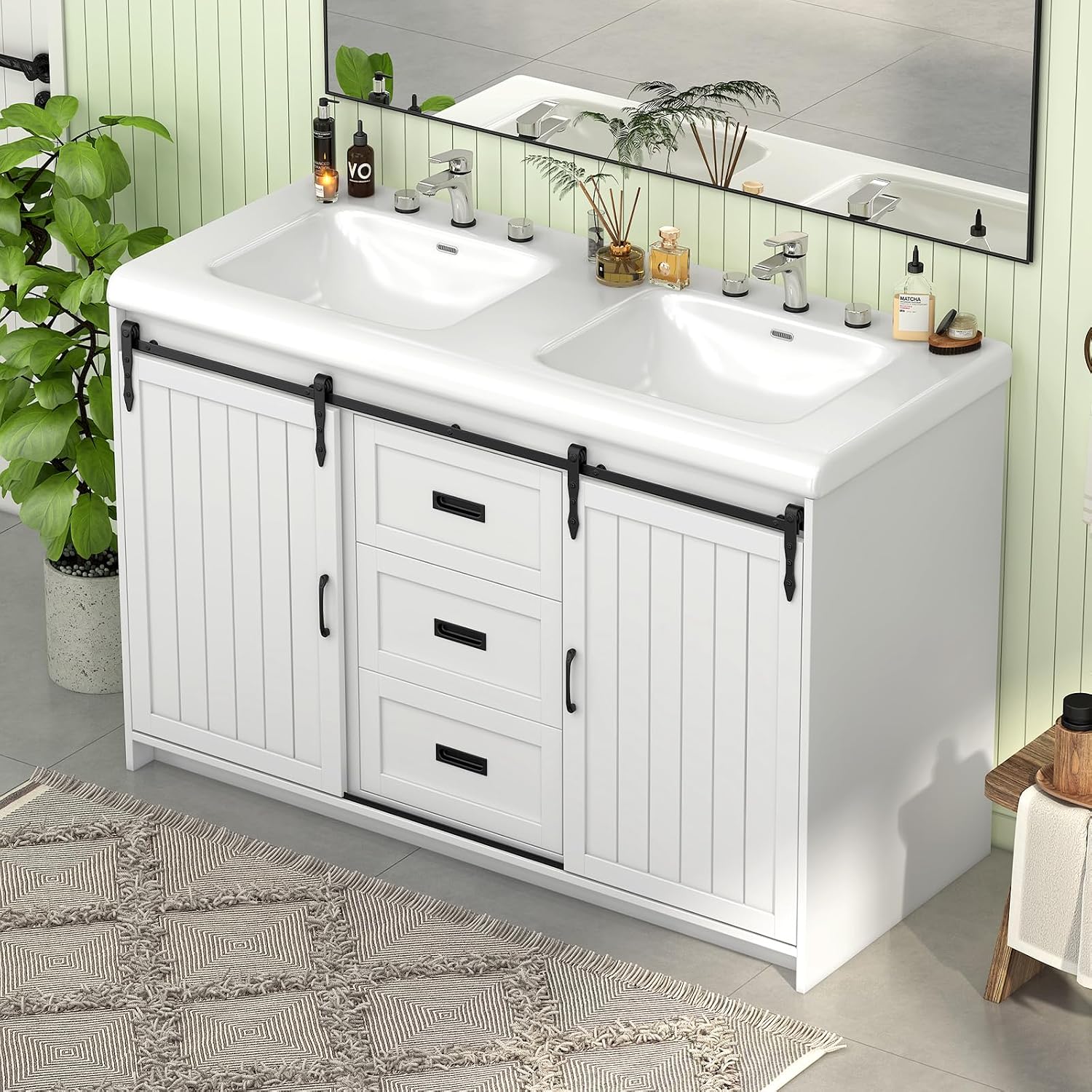 Bathroom Vanity with Double Sinks, 48' Standing Double Vanity with Drawers & Metal Handles, 2 Sink Bathroom Vanity with 4 Shelves, White
