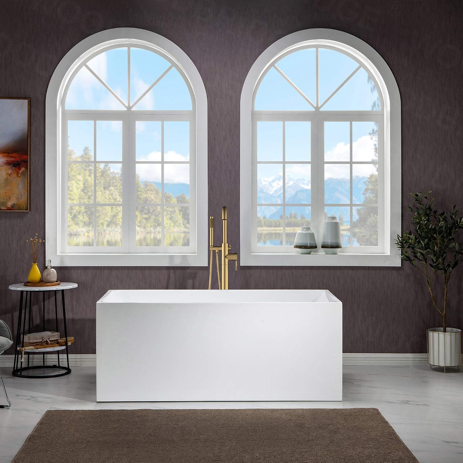 WOODBRIDGE 67' Acrylic Freestanding Bathtub Contemporary Soaking White Tub with Brushed Gold Overflow and Drain，B0086-BG-Drain&O