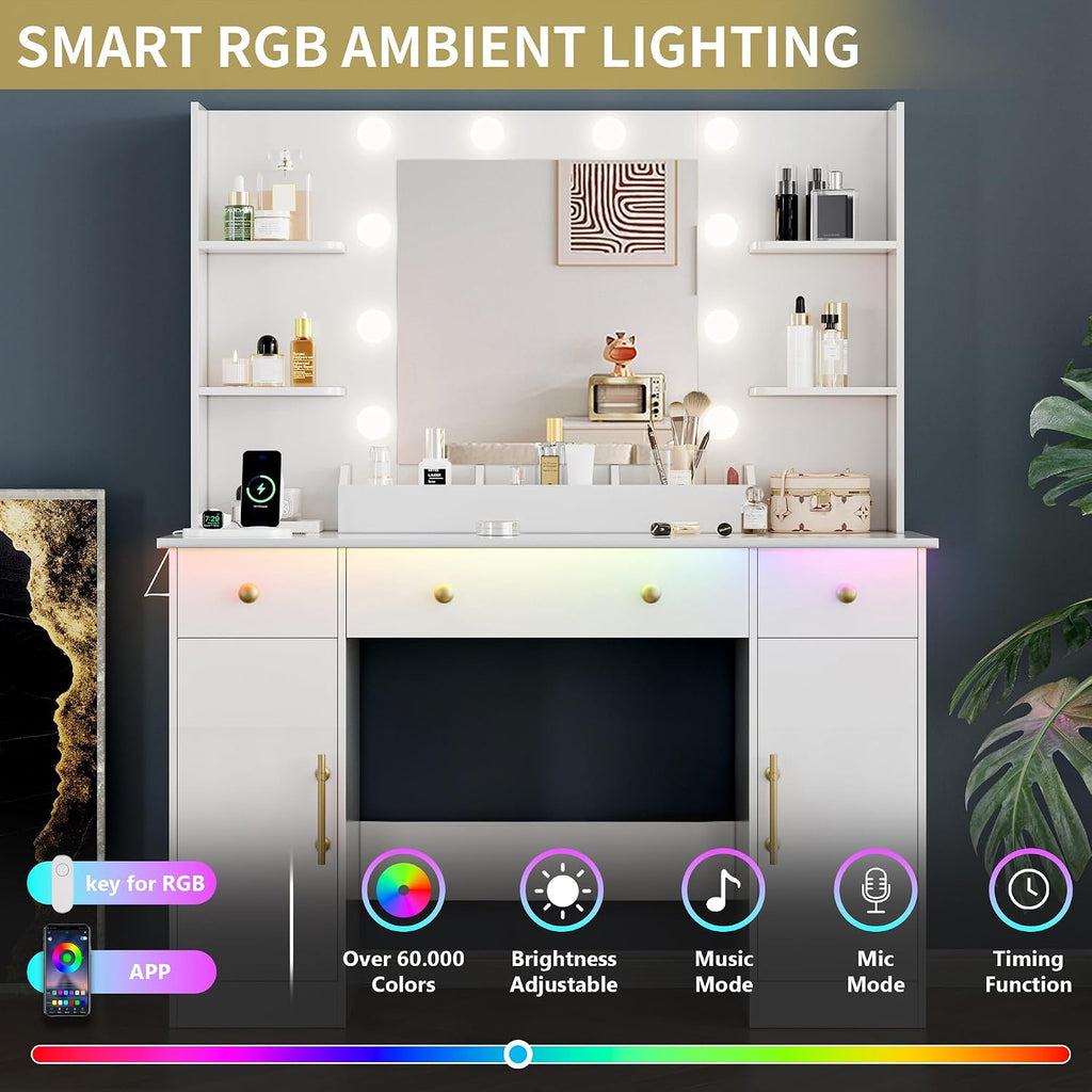 Vanity Desk with Mirror and Lights, 43'' Makeup Dressing Table Set with 5 Drawers & Power Outlet, 3 Lighting Modes Brightness Adjustable, Vanity with RGB Ambient Light for Women Girls Bedroom, White