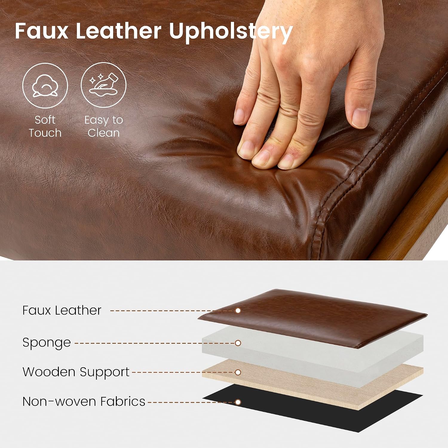 Glitzhome Rectangle Ottoman Bench Set of 2, Modern Coffee Leatherette Footstool with Walnut Rubberwood Legs for Living Room, Bedroom