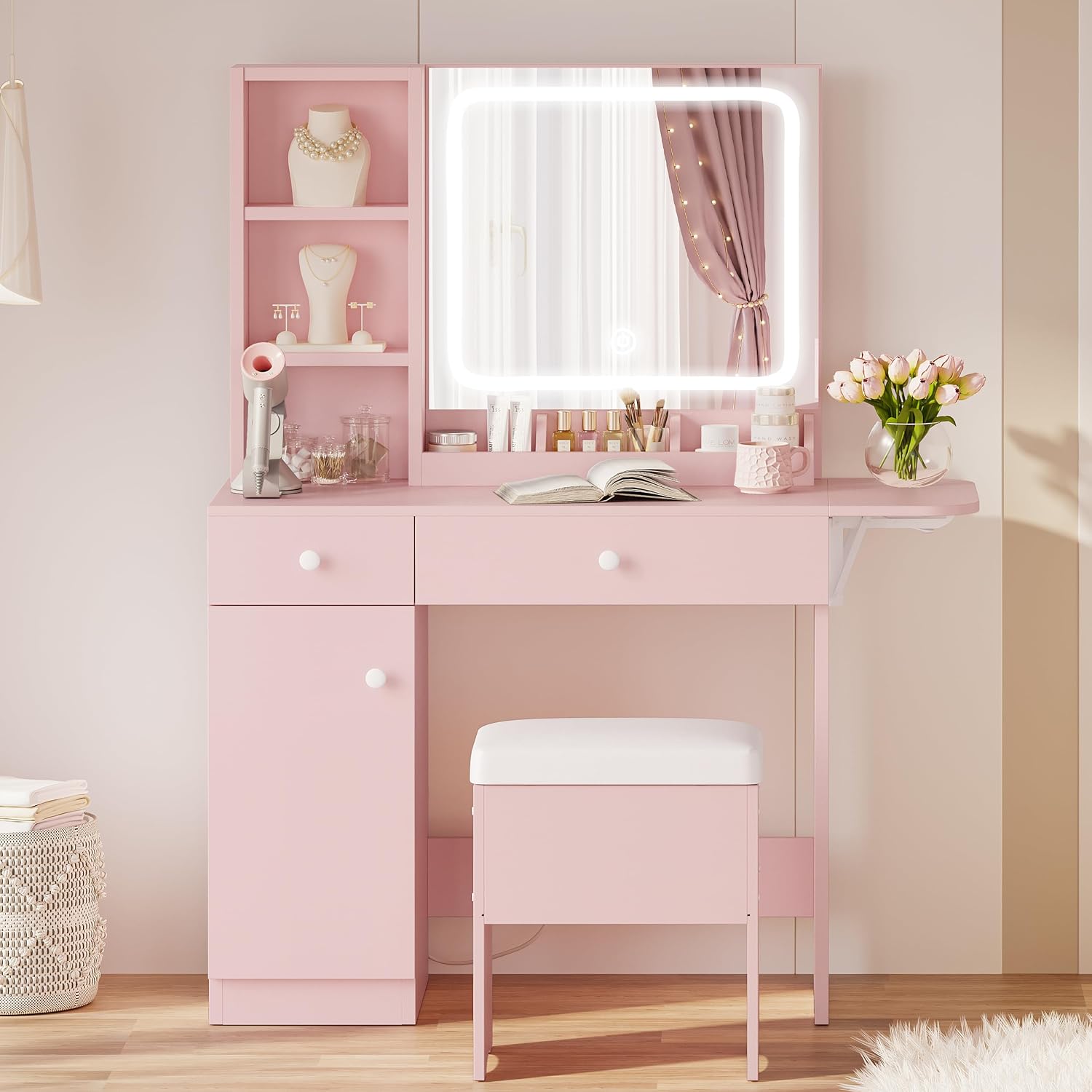 IRONCK Vanity Desk with LED Lighted Mirror & Power Outlet, Makeup Table with Drawers & Cabinet,Storage Stool,for Bedroom, Pink