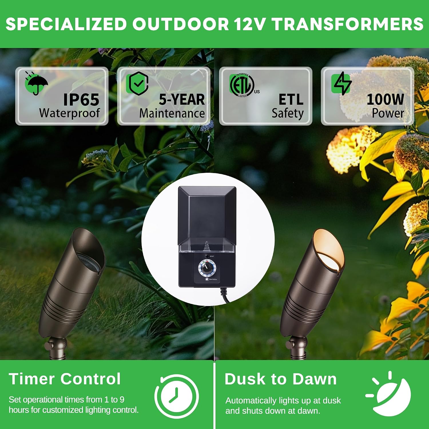 Low Voltage Landscape Lighting Kit, 4 Pack 3000K/4000K/5000K Adjustable Spotlights and 100W Transformer and 100FT Cable and 20 Wire Connectors, Aluminum ORB Waterproof Uplight for Tree Yard