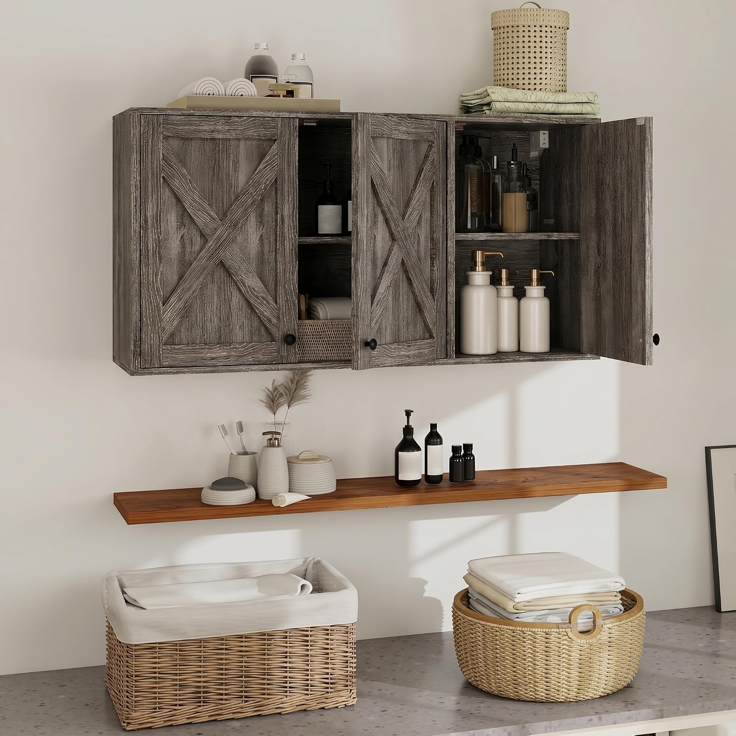 YOURLITE Laundry Cabinet, Medicine Cabinet, Bathroom Kitchen Storage Wall Mounted Farmhouse Organizer with Shelves Over Toilet, 36' Wide, Grey