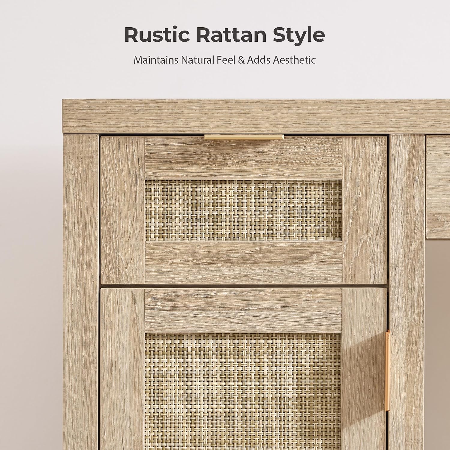 SICOTAS 2 Pieces Rattan Vanity Home Office Desk - Big Boho Makeup Vanities Benches with Drawers & Storage Cabinets, Dressing Vanity Table for Makeup Room, Bedroom, Home Office, Light Oak