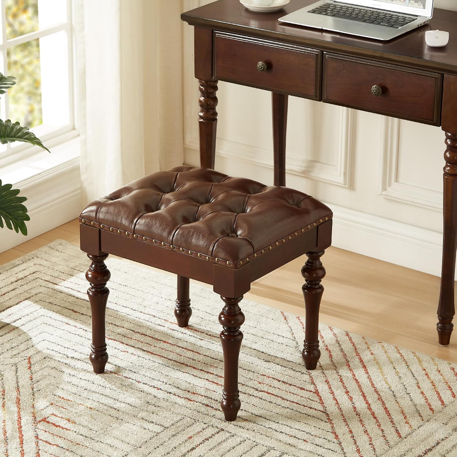 Vanity Bench with Nail Trim, Piano Bench, Desk Stool with Microfiber Leather Upholstered Stool for Bedrooms, Dinning Room, Cloakroom, Piano Room