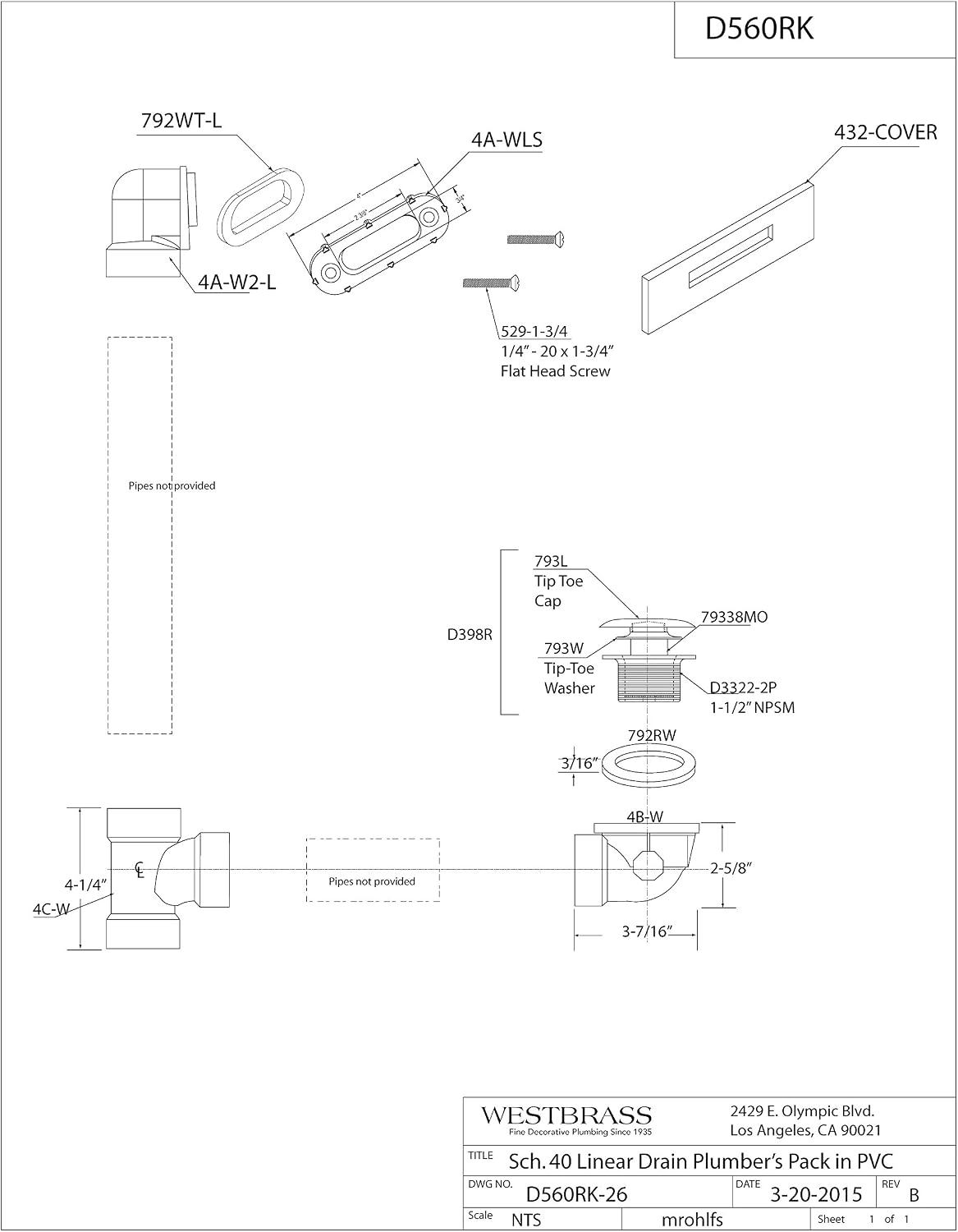 Westbrass D560RK-12 SCH. 40 PVC 1-1/2' Coarse Thread Plumber's Pack Tip-Toe Bathtub Drain Plug with Linear Overflow Faceplate, Tee & Elbows, Oil Rubbed Bronze (20-Pack)