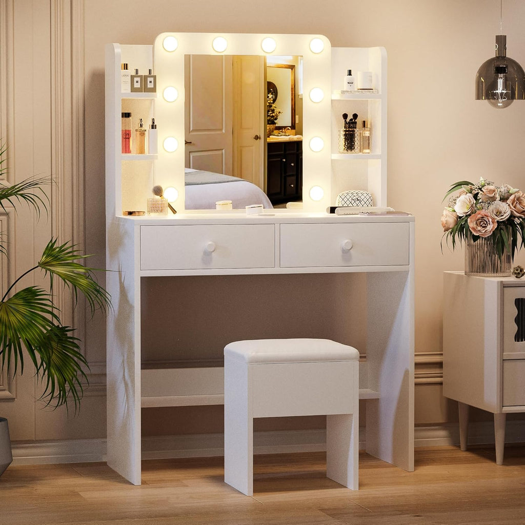 Haewon White Vanity Desk with Mirror and Lights, Makeup Vanity with 10 LED Bulbs and 3 Color Modes, Dressing Table Set with Power Outlets, Storage Drawers and Chair for Bedroom