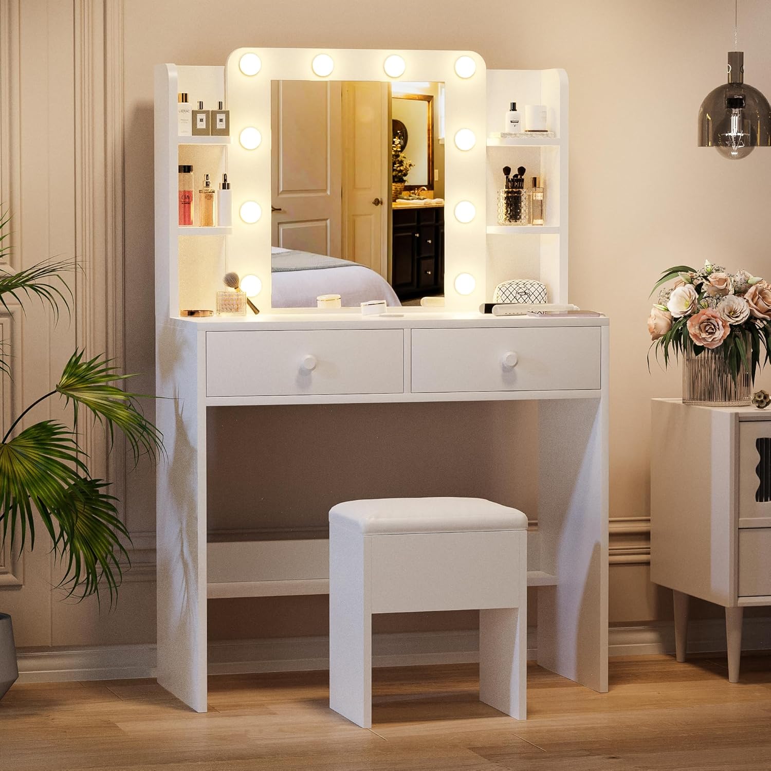 Haewon White Vanity Desk with Mirror and Lights, Makeup Vanity with 10 LED Bulbs and 3 Color Modes, Dressing Table Set with Power Outlets, Storage Drawers and Chair for Bedroom