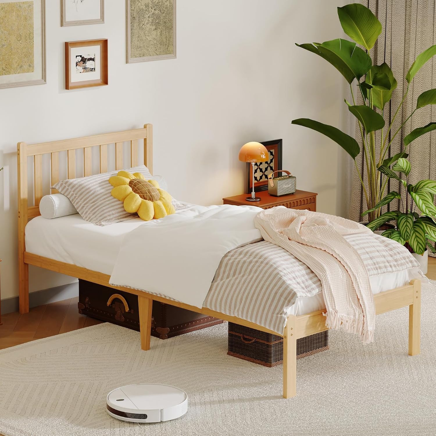 12 in High Solid Bamboo Wood Twin Bed Frame with Headboard, Platform Twin Size Bed Frame, Heavy Duty, No Box Spring Needed, Nosie Free
