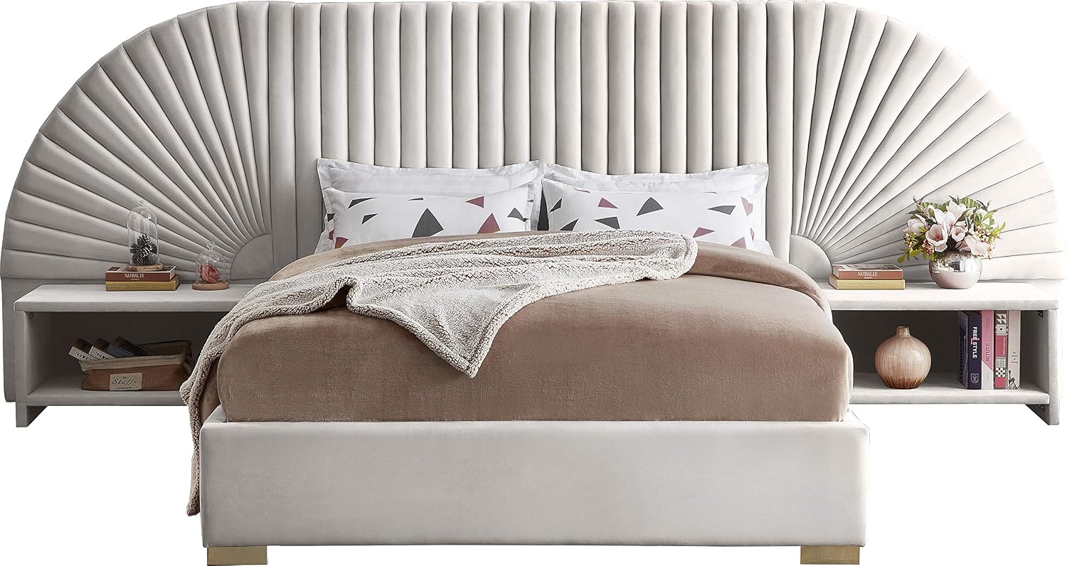 Meridian Furniture Cleo Collection Modern | Contemporary Velvet Upholstered Bed with Gold Steel Legs and Removable Panels, Queen, Cream