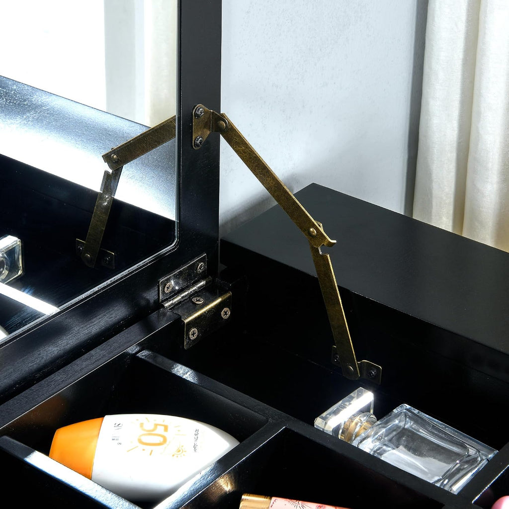 Small Makeup Vanity Desk Table with Flip-Top Mirror and Hidden Storage Compartments, Wood Computer Writing Desk with 2 Drawers, Easy Assembly Dressing Table for Bedroom Black SZT-D0036-BK