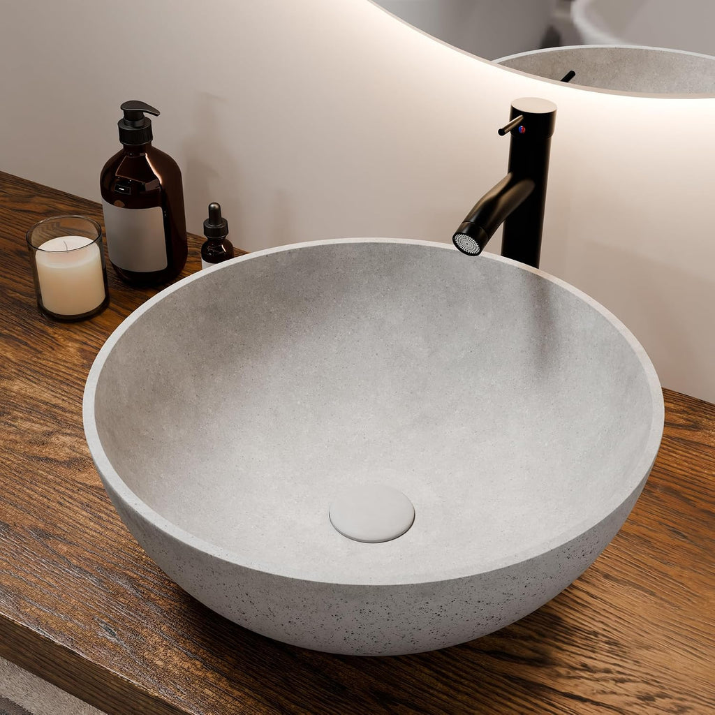 Design Vessel Sink Concrete Bathroom Sink above Counter Small Vessel Sink Bathroom Sink Bowl Countertop Modern Sinks with Faucet and Drain Combo 15.7' Round Gray