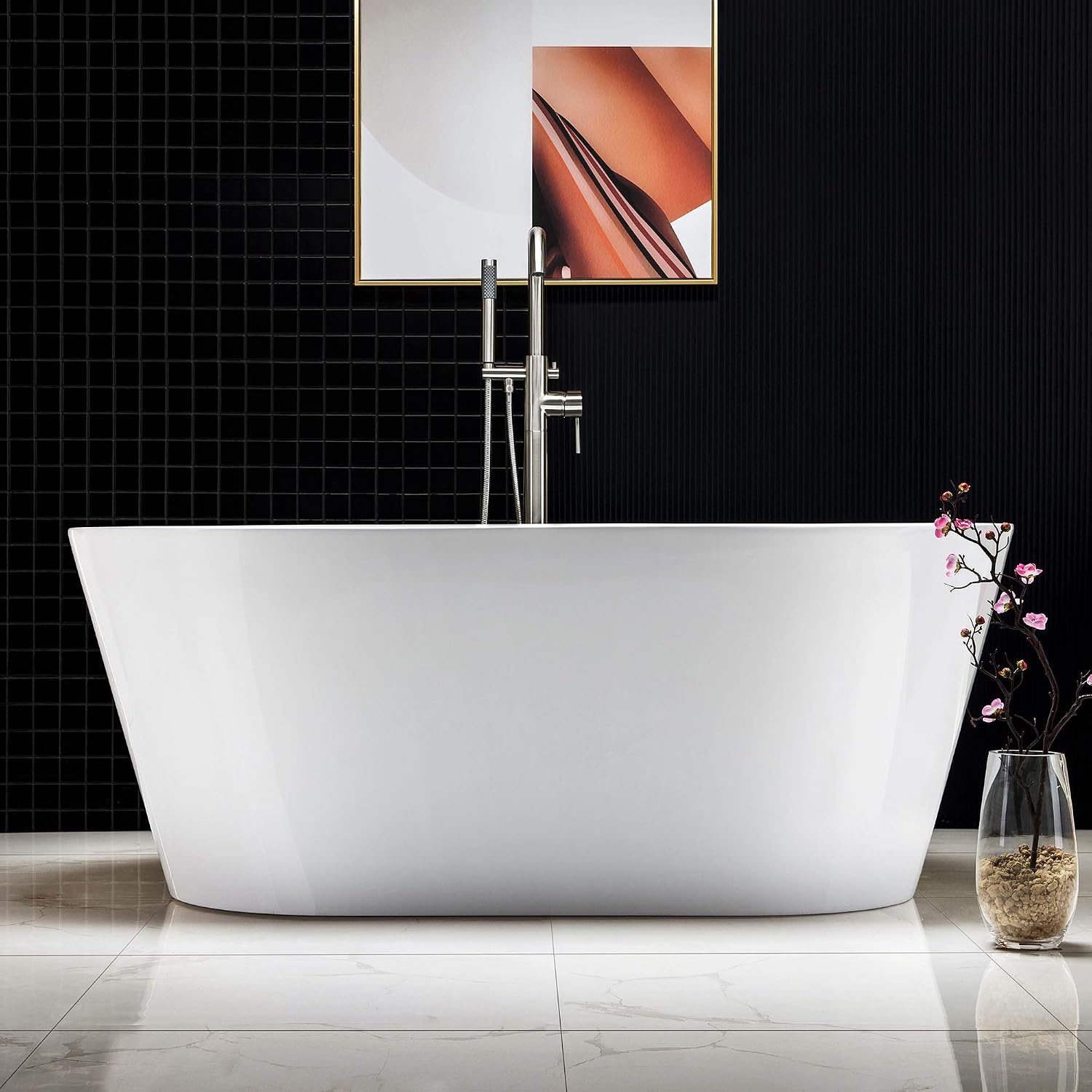 WOODBRIDGE 59' Acrylic Freestanding Bathtub Contemporary Soaking White Tub with Brushed Nickel Overflow and Drain,B0014-BN