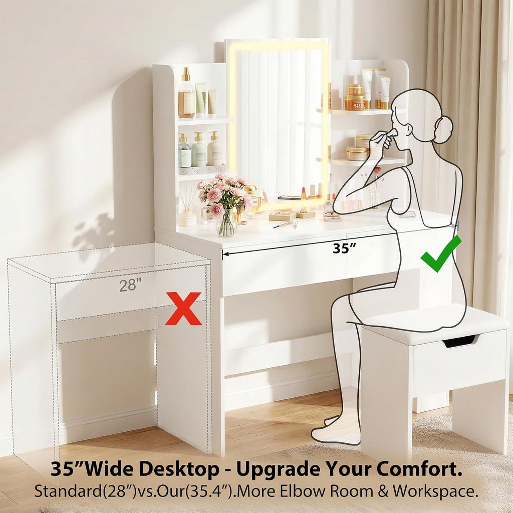 Furmax Vanity Desk with Mirror and LED Lights, Makeup Vanity Table with 3 Lighting Color, Adjustable Brightness, Vanity Table with 2 Drawers, Side Storage, for Bedroom (White, with Bench)