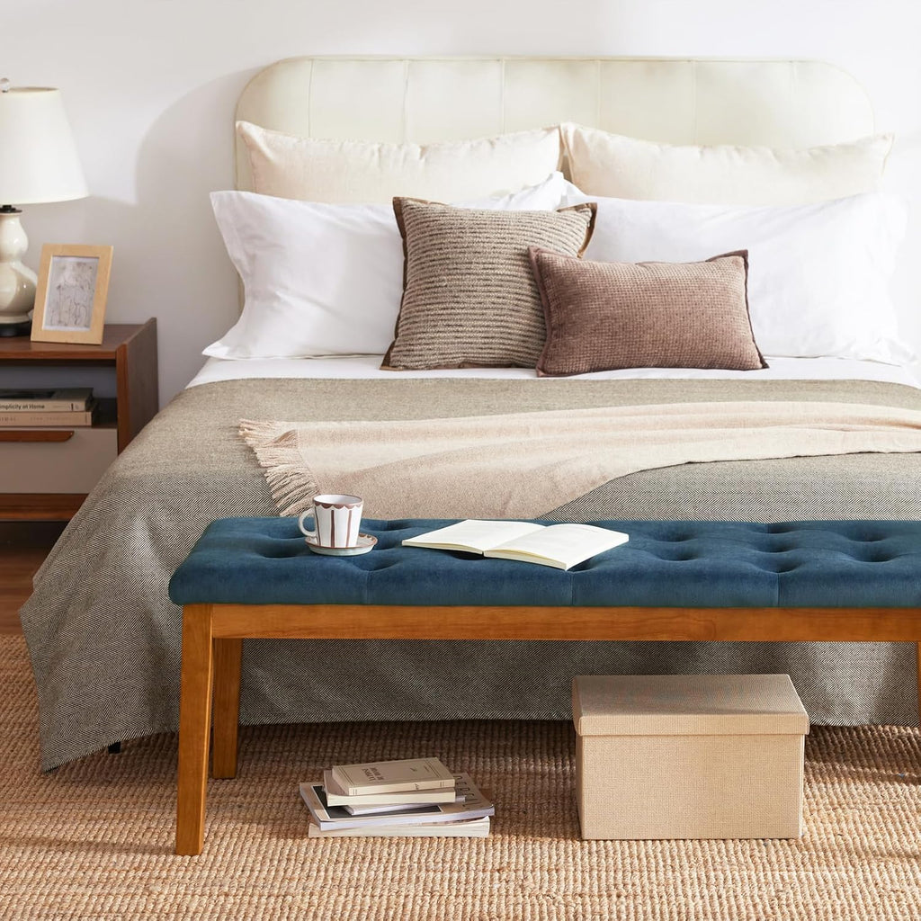 Ottoman Bench Upholstered Padded Seat with Solid Wood Legs and Button-Tufted, Big Oversized Ottoman, Velvet Navy