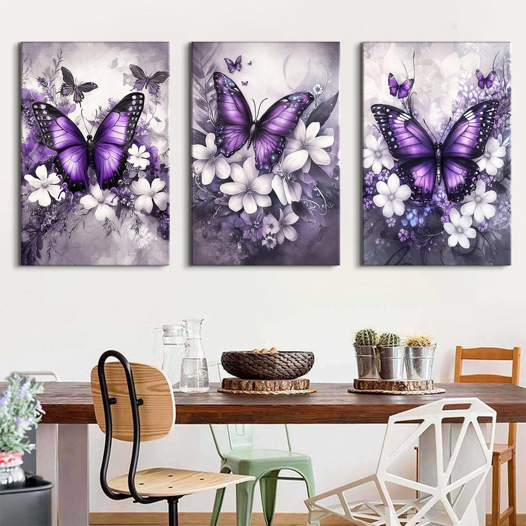 Vintage Floral Wall Art Purple Butterfly Flower Wall Decor Nature Blossom Botanical Pictures Farmhouse Wildflower Canvas Prints Painting Artwork for Bedroom Living Room Home Decoration 24x36' 3Pcs
