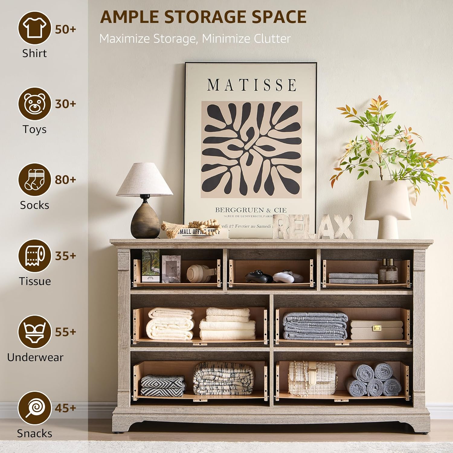 T4TREAM Farmhouse 7 Drawers Dresser for Bedroom, 54' Wide Wood Rustic Chest of Drawers w/Roman Column, Wooden Storage Dressers Organizer for Bedroom, Living Room, Light Rustic Oak