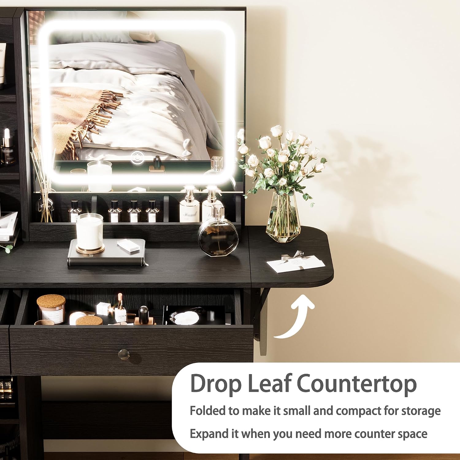 IRONCK Vanity Desk with LED Lighted Mirror & Power Outlet, Makeup Table with Drawers & Cabinet,Storage Stool,for Bedroom, Black