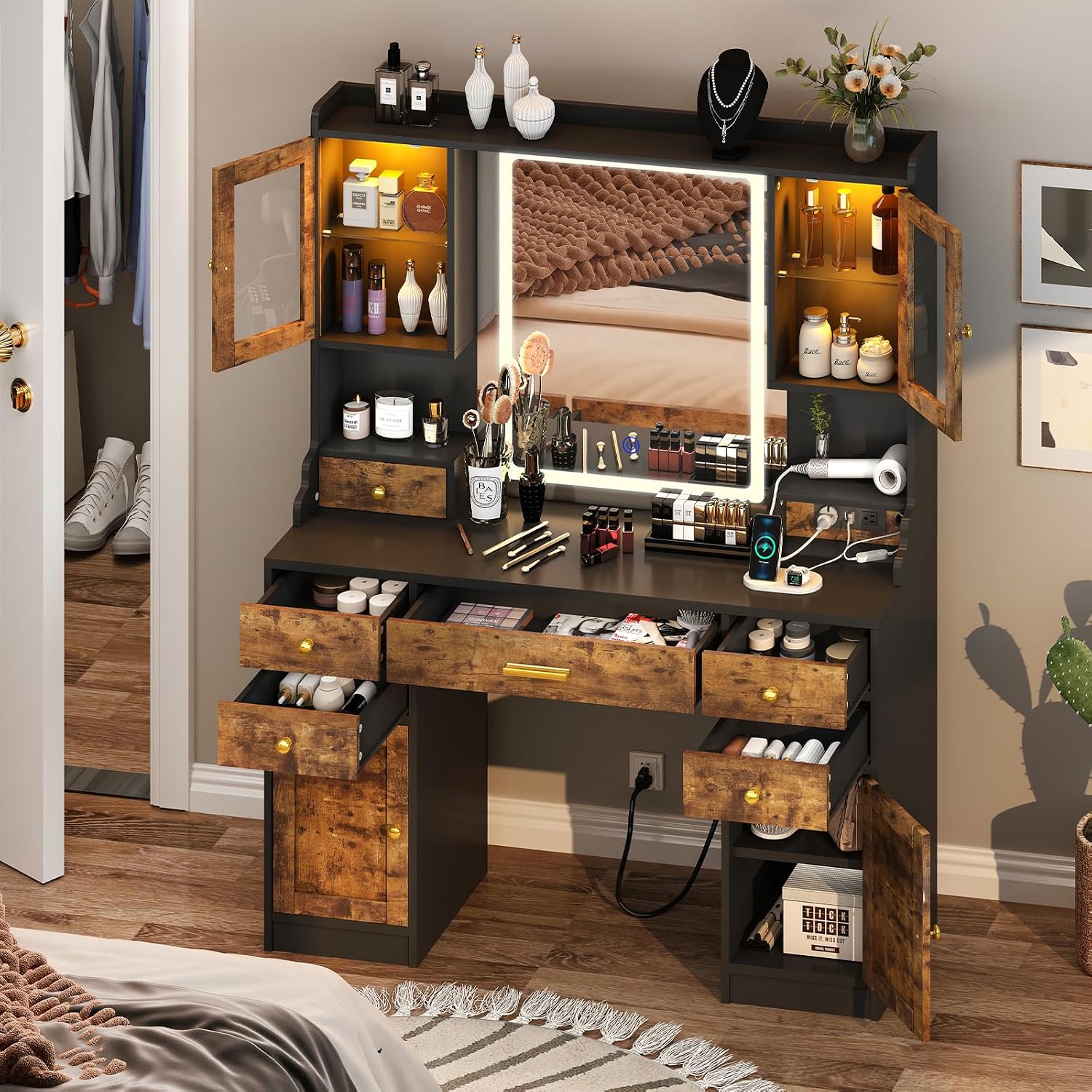 CSZZD Makeup Vanity Desk with Mirror and Lights in 3 Colors, Dressing Vanity Table with Charging Station, Large Vanity Mirror with 6 Storage Drawers & 2 RGB Cabinets for Girls, Women, Rustic Brown
