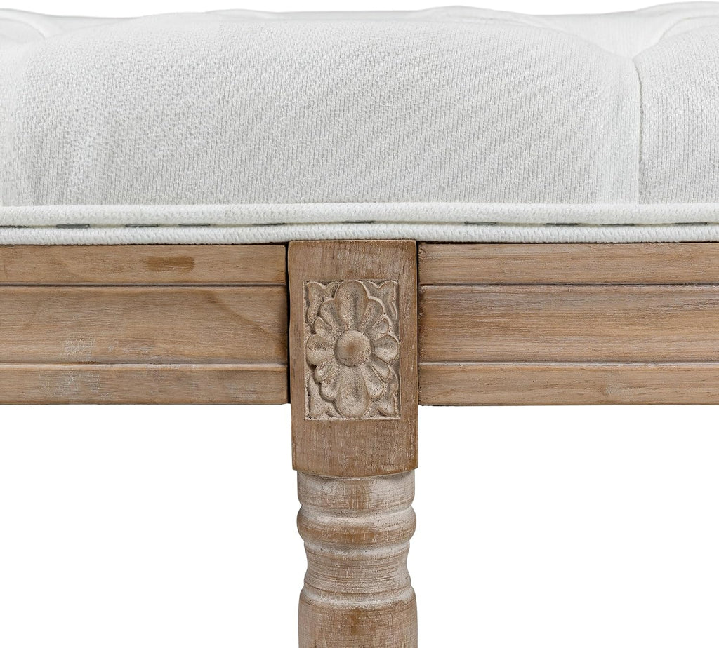 HOMCOM Bedroom End of Bed Bench, 46' Upholstered Entryway Bench with Button Tufted, Thick Padding and Wood Legs, French Vintage Style Linen-Feel Ottoman Bench for Hallway, Living Room, Cream White