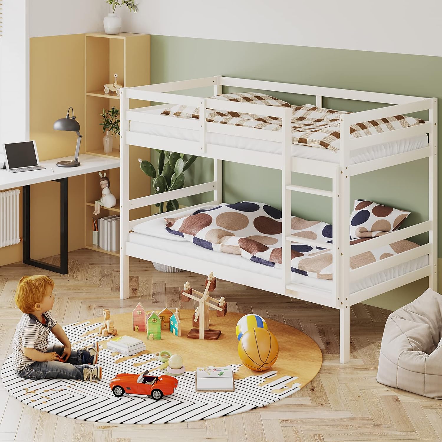 KOMFOTT Wood Bunk Bed Twin Over Twin, Bunk Bed with Ladder & Safety Guardrail, Solid Wood Bed Frame, Ideal for Dormitory & Multiple-Child Family, No Box Spring Needed, Kids Bed Frame