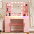 HUANLEGO Vanity Desk with Mirror and Lights, Makeup Vanity with Mirror and LED Lights & Power Outlet, 3 Drawers and Cabinets, 3 Lighting Modes Dressing Table Set for Girls Women Bedroom,Pink