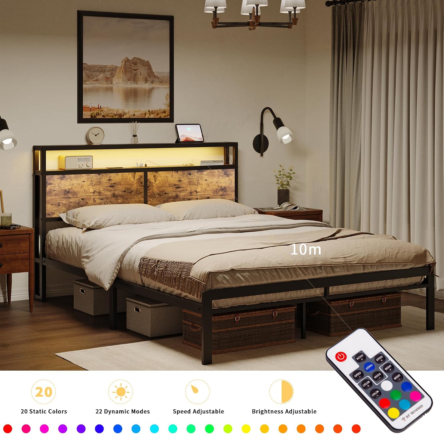HAUSOURCE Queen Bed Frame with Storage Headboard LED Lights Metal Platform Non-Slip Without Noise Mattress Foundation Strong Metal Slats Support No Box Spring Needed