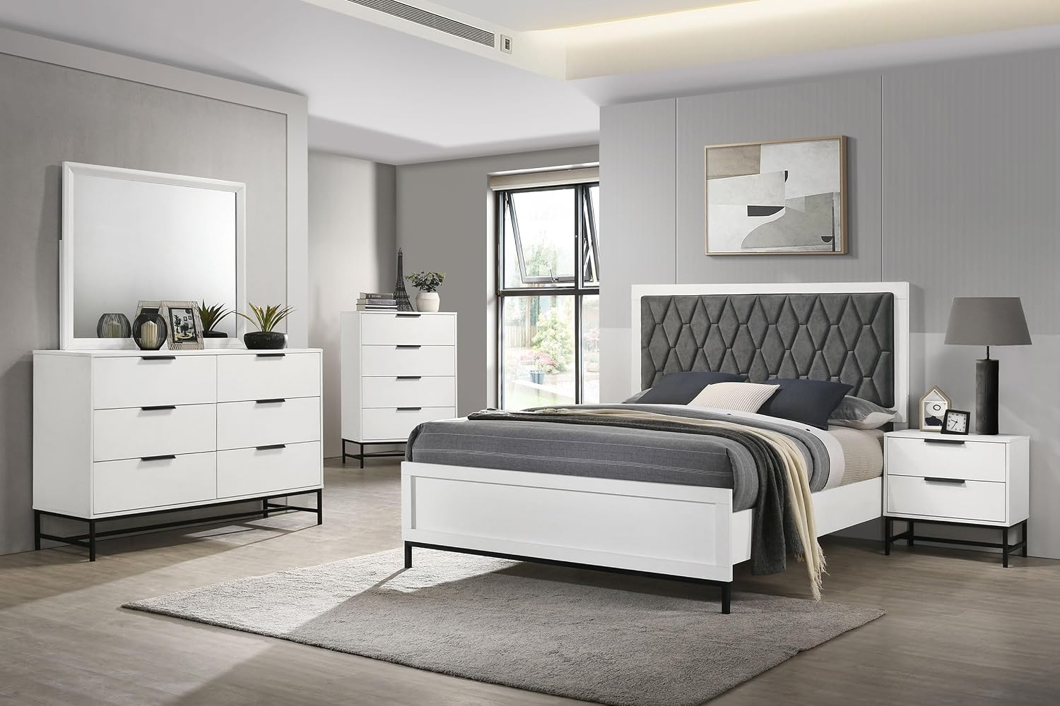 Coaster Home Furnishings Sonora Contemporary 5-Piece Bedroom Set Leatherette Upholstered Eastern King Size Panel Bed Frame 54-inch Headboard White 224861KE-S5