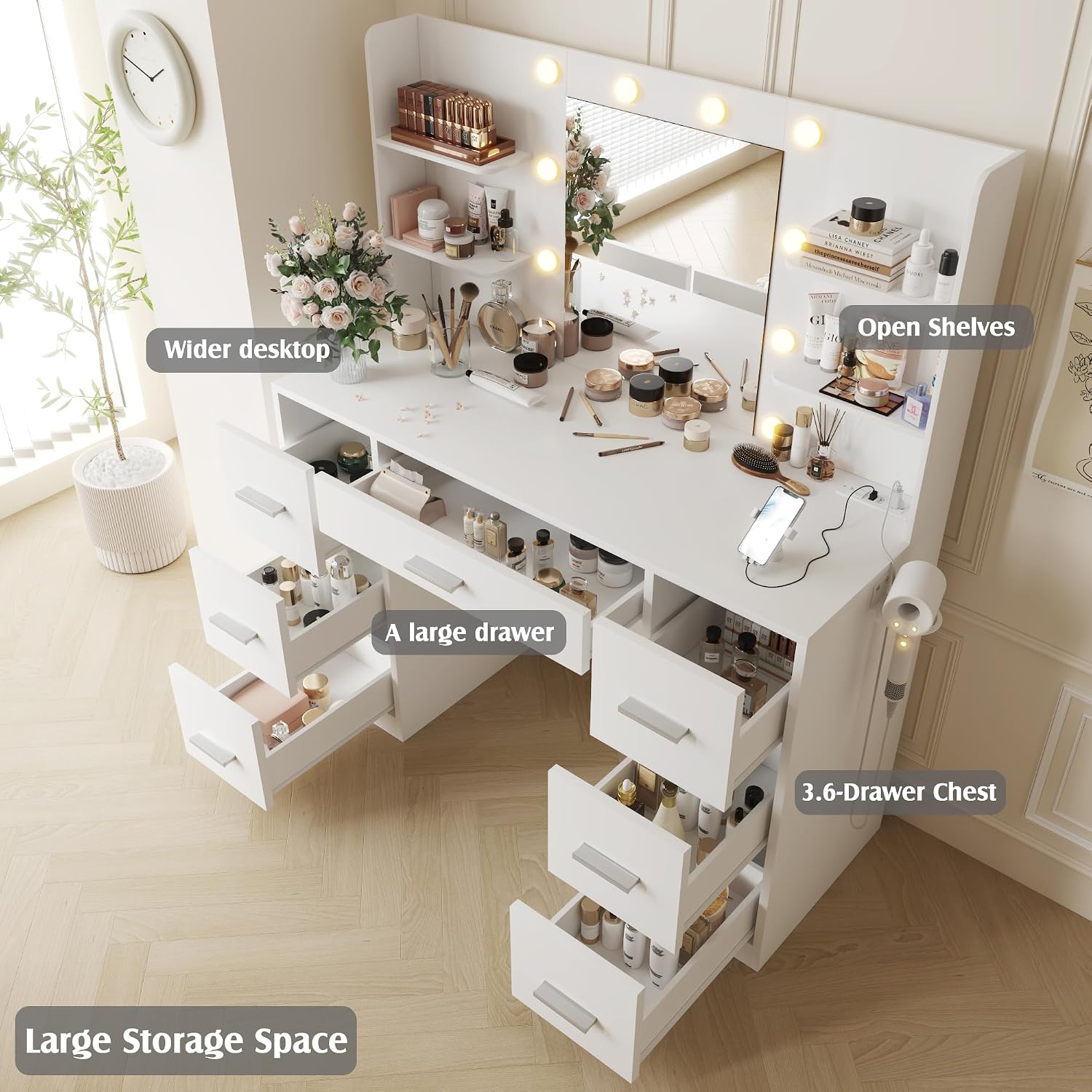 YESHOMY Vanity Desk with Mirror, Power Outlet and 10 Lights, Makeup Table with 7 Drawers, 3 Color Modes Available for Bedroom, Pure White