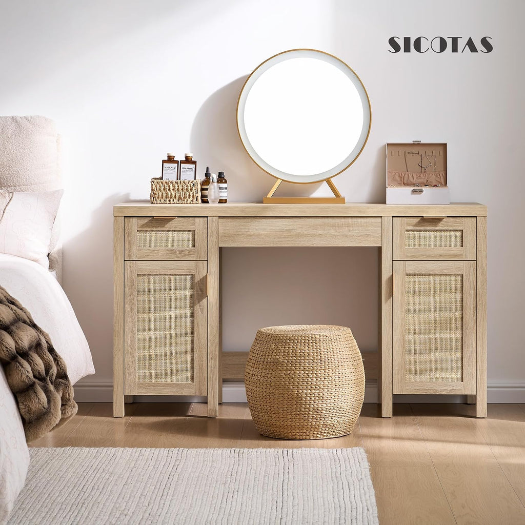 SICOTAS 52' Rattan Vanity Desk with Storage, Boho Farmhouse Makeup Dressing Table with 3 Drawers & 2 Cabinets, Wooden Home Office Desk for Bedroom, Light Oak