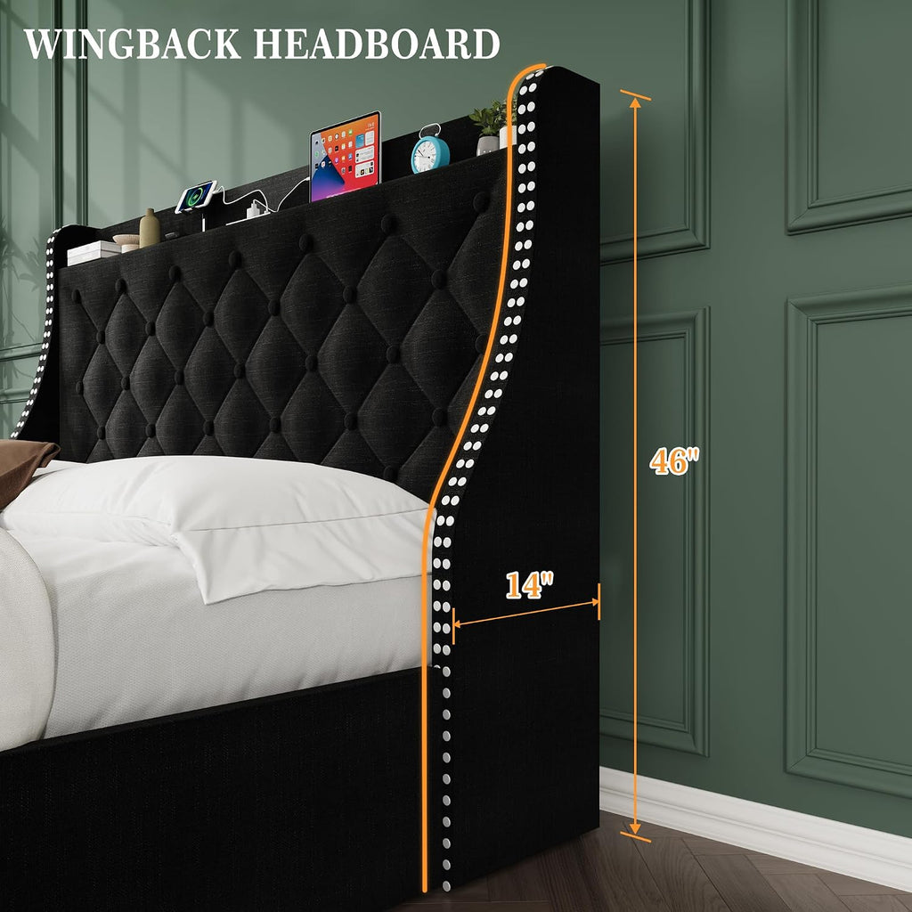 Upholstered Full Bed Frame with 4 Storage Drawers，Wingback Headboard with Charging Station, Diamond Stitched Button Tufted Design, No Box Spring Needed, Black