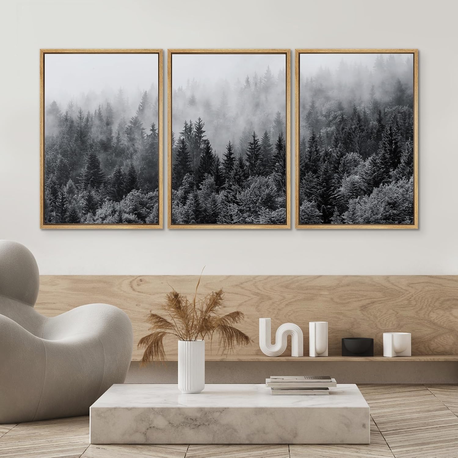 SIGNWIN Framed Canvas Print Wall Art Set Black & White Misty Mountain Forest Nature Wilderness Photography Modern Art Chic Landscape Relax/Calm for Living Room, Bedroom, Office - 16'x24'x3 Natural