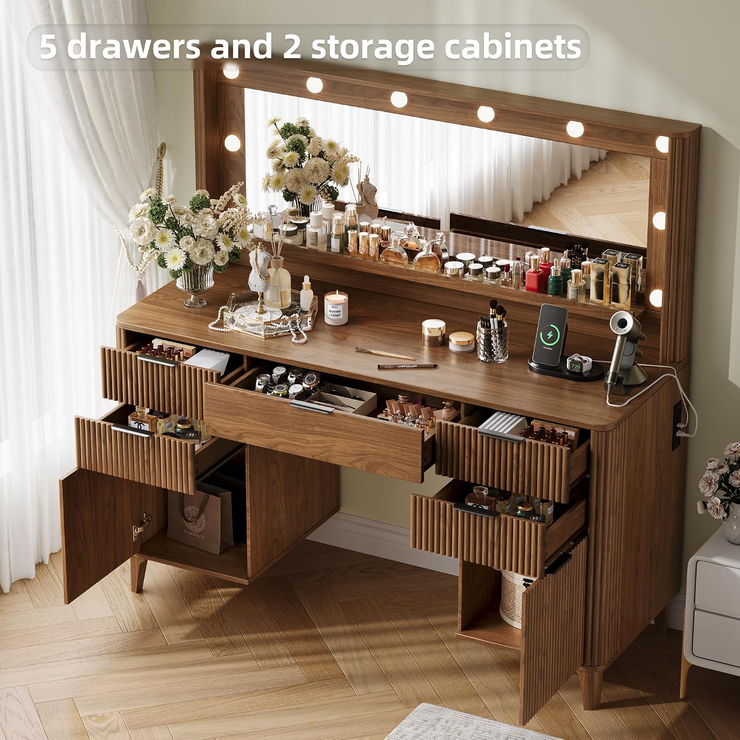 Fluted Makeup Vanity Desk with Large 39.3' Mirror and Lights, 48.8' Wood Vanity, Large Vanity Dressing Table, Modern Wooden Vanity Table for Women and Girls, Bedroom or Dorm (Walnut)
