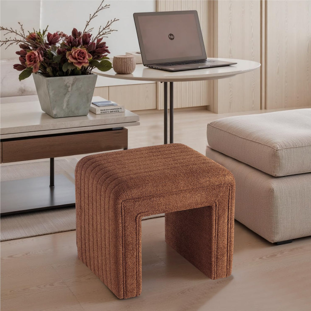 Get Set Style Vanity Stool Chair,Modern Boucle Ottoman Foot Stool with Wooden Legs Sofa Bench Footstool Extra Seat for Vanity,Makeup Room,Living Room,Entryway,Office (Fully Assembled) (Brown)