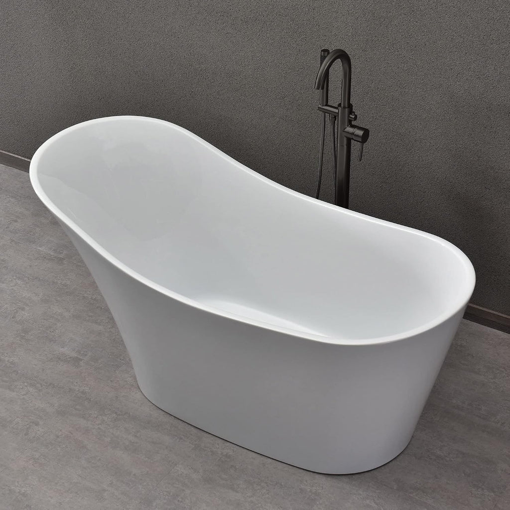 WOODBRIDGE 59' Acrylic Freestanding Bathtub Contemporary Soaking White Tub with Matte Black Overflow and Drain，B0029-MB-Drain&O