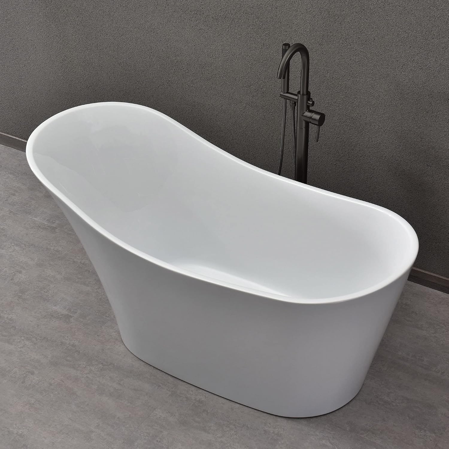 WOODBRIDGE 59' Acrylic Freestanding Bathtub Contemporary Soaking White Tub with Matte Black Overflow and Drain，B0029-MB-Drain&O