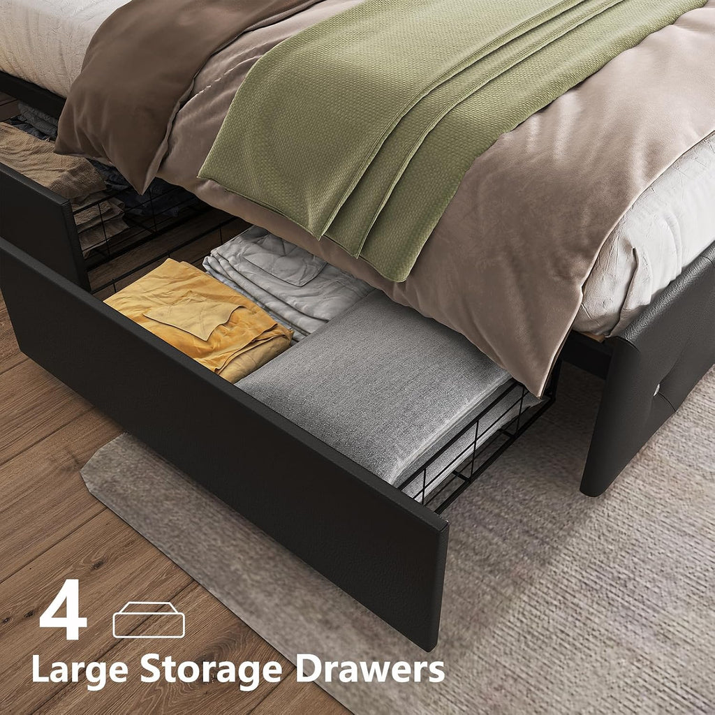 Benevika Full Size Bed Frame with 4 Drawers and Charge Station, PU Leather Upholstered Bed with Adjustable LED Headboard, Wooden Slats Support, No Box Spring Needed, Black